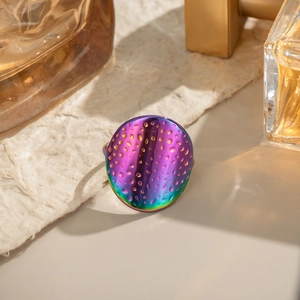 Rainbow gradient stainless steel ring with unique strawberry texture and polished finish