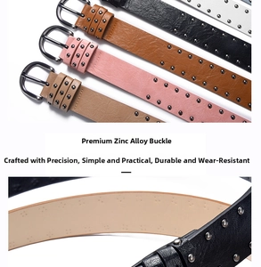 Detail of zinc alloy buckle and double-row metal studs on durable faux leather belt
