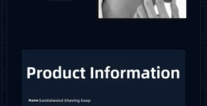 Detail view of SOLEHE sandalwood shaving soap specifications on dark blue background
