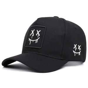 Men's outdoor baseball cap in black cotton twill with tearful smile face embroidery