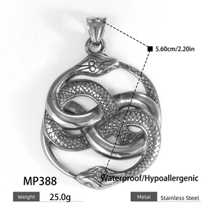 Uroboros double snake pendant in stainless steel with detailed textures and dimensions