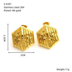 Detailed specs of 18k gold plated stainless steel hexagonal earrings with measurements
