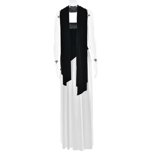 Detail of backless black and white maxi dress with neck scarf and elegant side slit