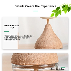 Macro detail of natural wood cap and transparent glass reed diffuser bottle