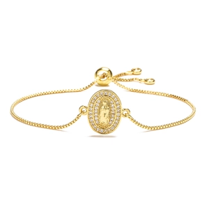 Gold Virgin Mary oval charm bracelet with white zircon inlay and adjustable box chain