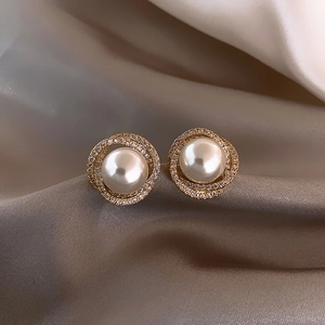 Elegant Spiral Stud Earrings With Faux Artificial Pearl And Rhinestone Alloy Korean Fashion Jewelry For Women