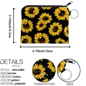 Mini sunflower print wallet made of waterproof polyester with zipper and key ring