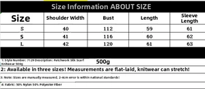 Size chart for knit sweater with scarf detail showing S to L measurements and material info