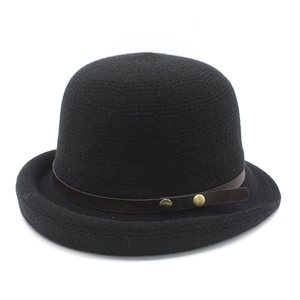 Classic black knitted bowler hat for women with brown leather strap and metal rivets
