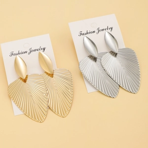 Exaggerated large fan leaf drop earrings with metallic texture in gold and silver