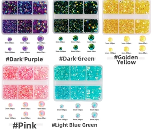 Close-up of colorful flatback jelly rhinestones in 6-compartment storage case for DIY nail art