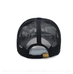 Detail of breathable black mesh back and adjustable bronze metal buckle on the baseball cap