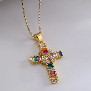 Gold plated copper necklace with cross pendant and multi-colored rectangle zircons