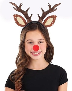 Cute reindeer antler headband and red sponge nose accessory set for girls on white background