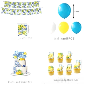 Detail set of lemon birthday party kit with banners balloons and cupcake toppers