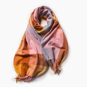 Rainbow plaid scarf with pink orange grey checkered pattern and fringe tassels
