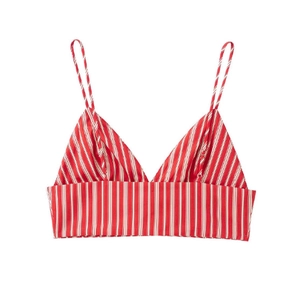 Detailed view of red and white striped camisole top with thin straps on white background
