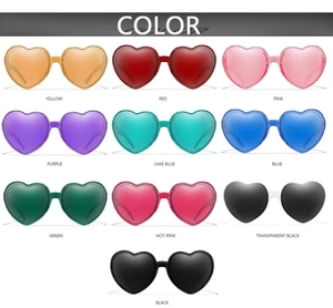 Detailed grid view showcasing heart-shaped sunglasses in 10 vibrant candy color variants