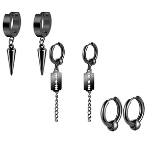 Three pairs of black stainless steel punk earrings featuring cone, blade, and hoop designs