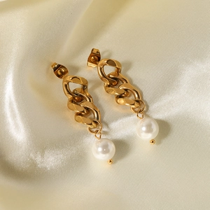 Chic 18K gold plated stainless steel chain earrings with elegant white pearls on silk