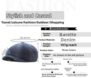Detailed size chart of a blue denim newsboy cap with dimensions and fabric specs