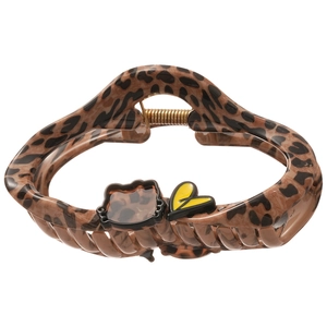 Leopard print hair claw clip with black kitty silhouette and yellow heart charm