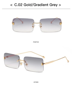 Detailansicht der randlosen quadratischen Sonnenbrille in Gold mit Verlaufsgläsern in Grau
