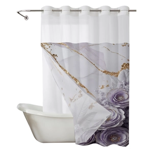 Rideau de douche imperméable à motif de roses violettes et marbrures dorées