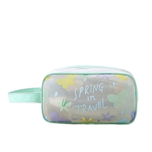 Transparent mint green PVC travel toiletry bag with colorful butterfly prints and handle