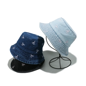 Women Denim Cotton Bucket Hat With Pink Bow Embroidery Sun Protection Outdoor Casual Chic Foldable Summer Sun Hat
