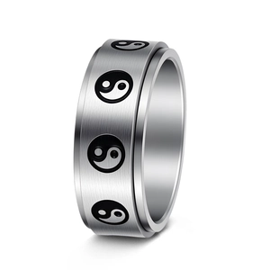 Detail of 8mm spinning ring showing brushed silver finish and Tai Chi pattern