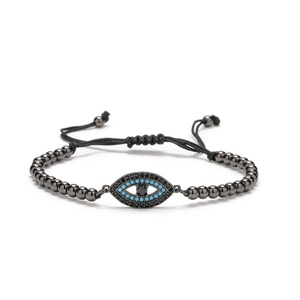 Adjustable evil eye bracelet with gun black copper beads and blue zircon accents