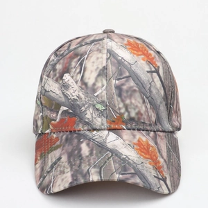Detail of outdoor camouflage baseball cap with realistic forest leaf pattern for hunting