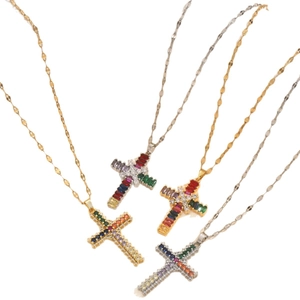 Colorful zircon cross pendant necklaces in gold and silver finish with wave chain