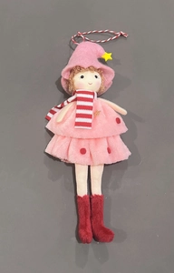 Close-up of pink Christmas plush doll ornament with pointed star hat and striped scarf