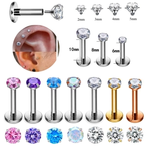 Detailed size guide of stainless steel labret studs with colorful cubic zirconia stones