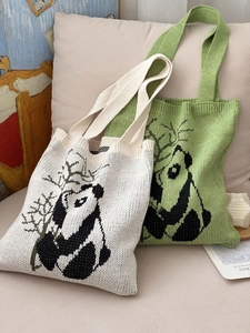 Cute panda and bamboo knitted tote bag in beige and green, casual artistic shoulder bag