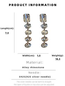 Detail showing dimensions of long rhinestone drop earrings with S925 silver needles