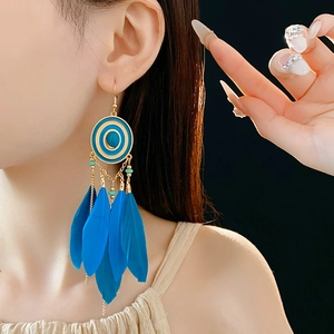 Close-up of bohemian blue feather tassel earrings with golden metal disc and blue gemstone