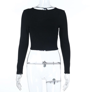 Detail of the backless design on this black slim fit long sleeve knitted crop top
