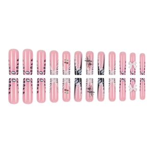 24-piece press-on nails set with pink base featuring leopard print and cherry charms