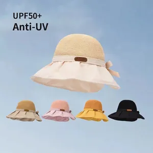 Women's UPF50+ wide brim sun hat with mesh crown and bow detail in five colors