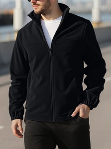 Detail of windproof stand collar and high-quality zipper on black polar fleece jacket