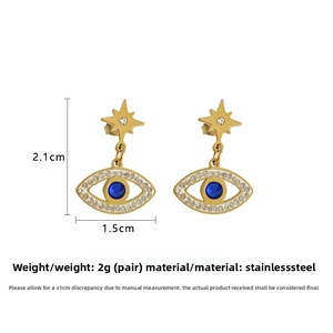 Detail view of Evil Eye earrings with blue zircon stones and 2.1x1.5cm dimensions