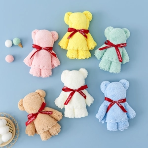 Six colorful coral fleece bear towels in pink, blue, and white for gift giving