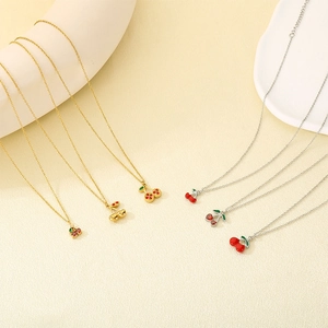 Pastel style cherry pendant necklaces in gold and silver finish with red zircon stones