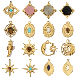 Stainless Steel Natural Stone Pendants French Vintage Bohemian Sun Moon Evil Eye Feather Charm DIY Jewelry Findings For Women