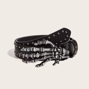 Punk black leather belt with silver skull hand buckle and metal rivet studs for men