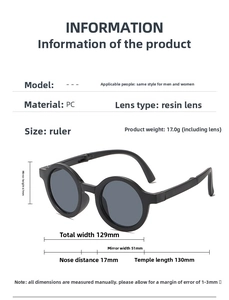 Detailed sizing chart and material specifications for foldable round kids sunglasses