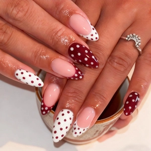 Almond Press On Nails Long Polka Dot French Tip Wine Red White ABS Plastic Fake Nails For Women